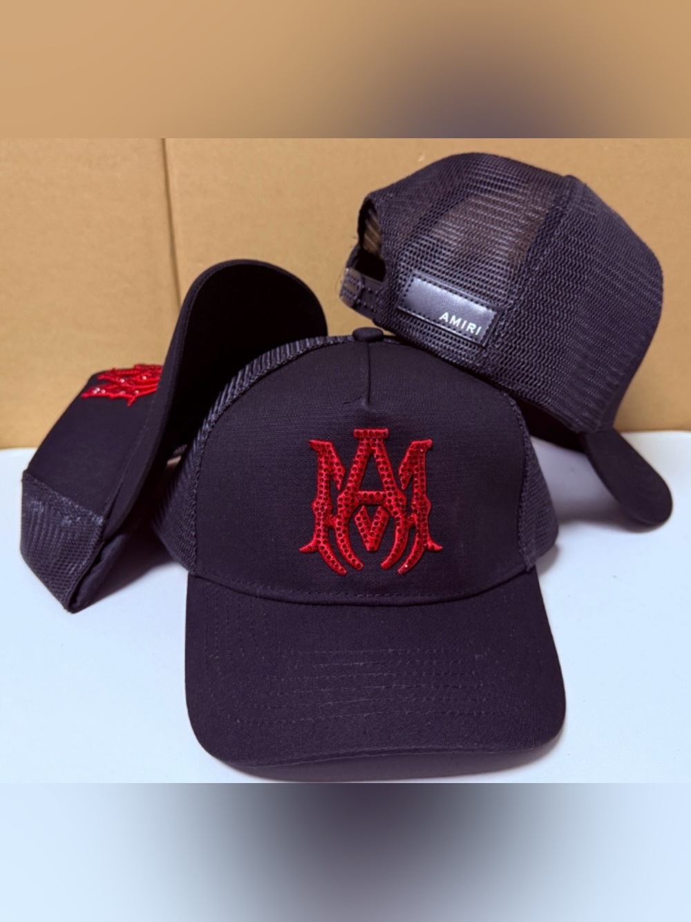 AMIRI Black Trucker Cap with Red Embroidered Monogram